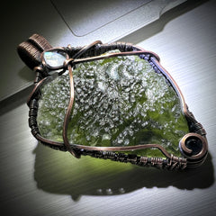 Unique 11.47g Moldavite & Copper Pendant with Moonstone and Smoky Quartz Accents Stones