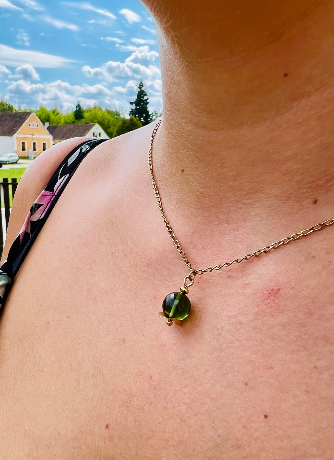 5ct Moldavite bead necklace - gold plated silver.