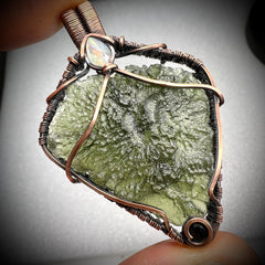 Unique 11.47g Moldavite & Copper Pendant with Moonstone and Smoky Quartz Accents Stones