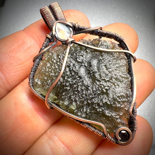 Unique 11.47g Moldavite & Copper Pendant with Moonstone and Smoky Quartz Accents Stones