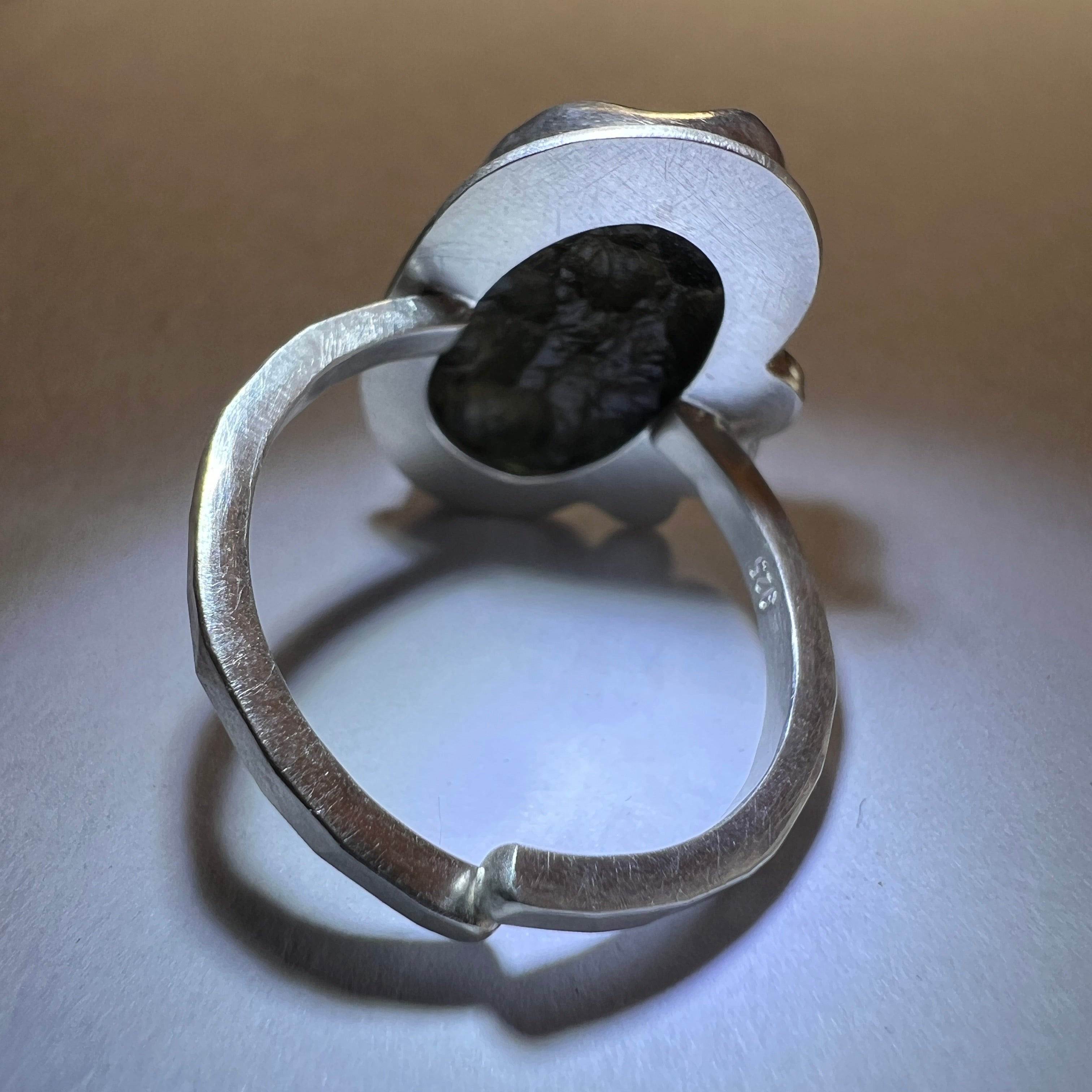 Moldavite/Silver ring, size 10 open.