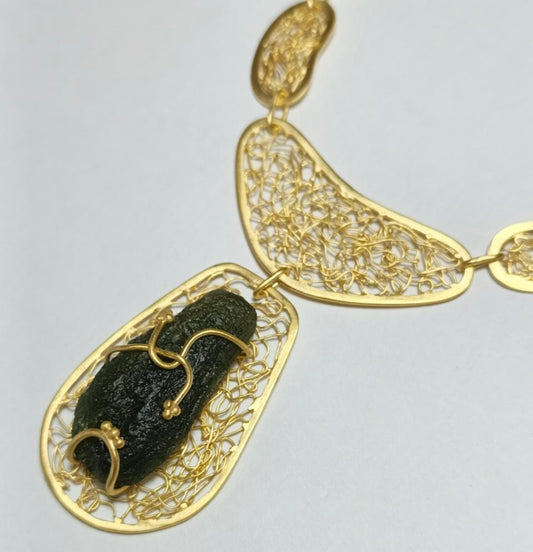 Ornate Moldavite Necklace - Gold plated Sterling silver