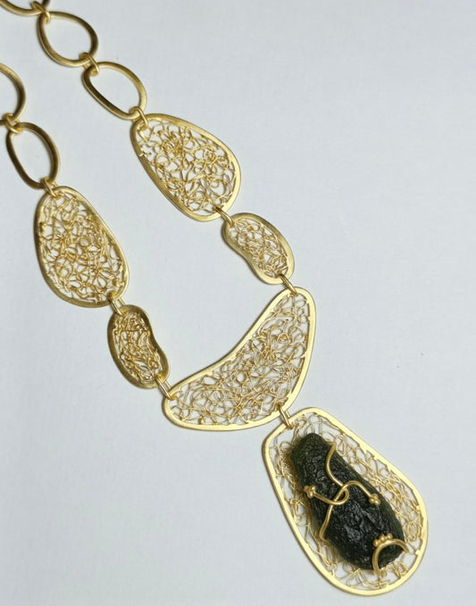 Ornate Moldavite Necklace - Gold plated Sterling silver