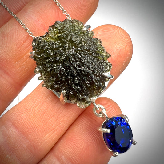 Exquisite Moldavite & Ceylon Sapphire Silver Necklace