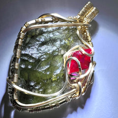 Spectacular Moldavite & Ruby Pendant – 14K Gold.