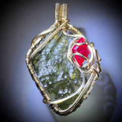 Spectacular Moldavite & Ruby Pendant – 14K Gold.