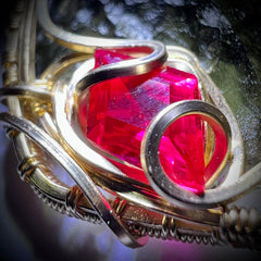 Spectacular Moldavite & Ruby Pendant – 14K Gold.