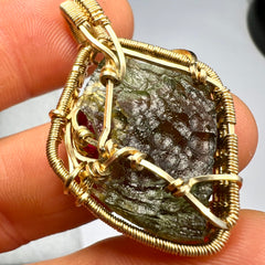 Spectacular Moldavite & Ruby Pendant – 14K Gold.
