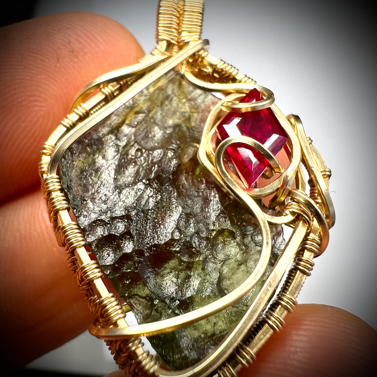 Spectacular Moldavite & Ruby Pendant – 14K Gold.