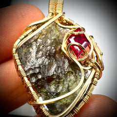 Spectacular Moldavite & Ruby Pendant – 14K Gold.