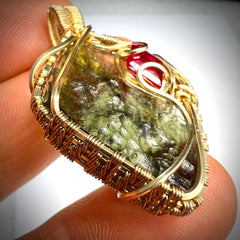 Spectacular Moldavite & Ruby Pendant – 14K Gold.