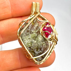 Spectacular Moldavite & Ruby Pendant – 14K Gold.