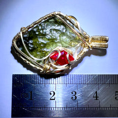 Spectacular Moldavite & Ruby Pendant – 14K Gold.