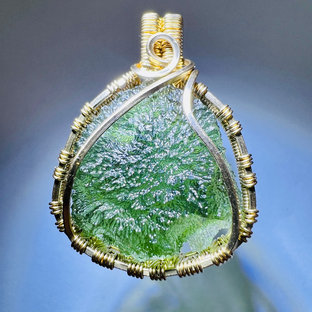 Exquisite petite Moldavite pendant in 14k gold-filled wire wrap