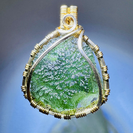 Exquisite petite Moldavite pendant in 14k gold-filled wire wrap