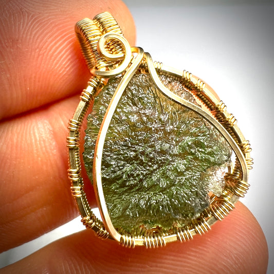 Exquisite petite Moldavite pendant in 14k gold-filled wire wrap