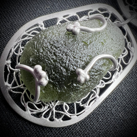 Ornate Moldavite Necklace - Rhodium plated Sterling silver.