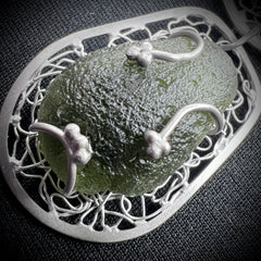 Ornate Moldavite Necklace - Phodium plated Sterling silver.