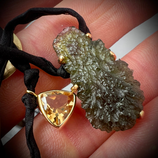 Silk-Cord, Gold Plated Moldavite necklace.