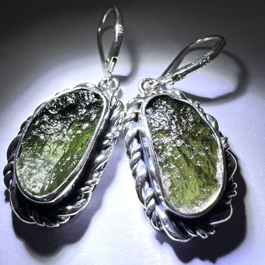Oval Shaped Moldavite Silver Earrings – 9.04g