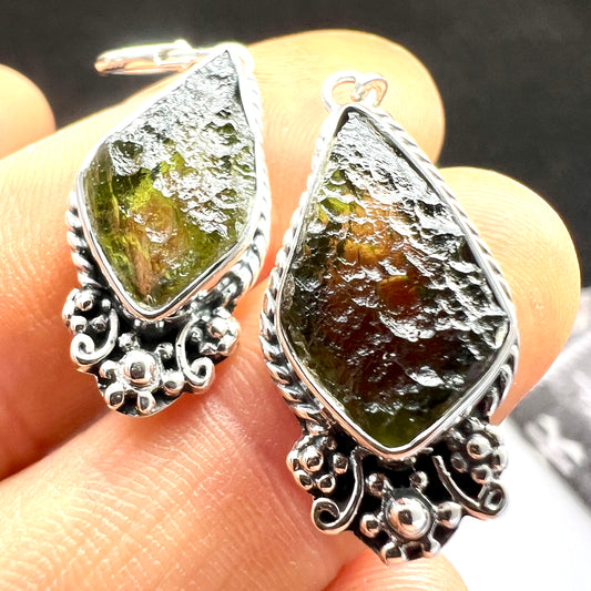 Diamond-Shaped Moldavite Silver Earrings