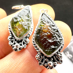Diamond-Shaped Moldavite Silver Earrings