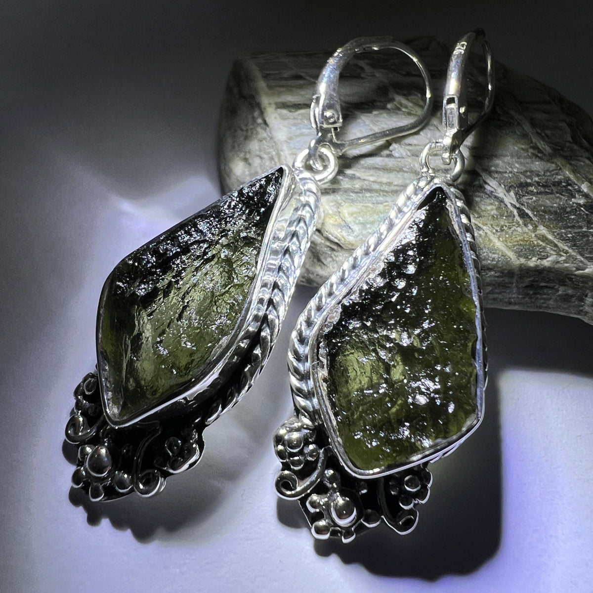 Diamond-Shaped Moldavite Silver Earrings