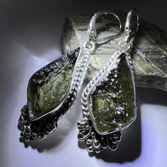 Diamond-Shaped Moldavite Silver Earrings