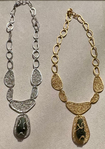 Ornate Moldavite Necklace - Rhodium plated Sterling silver.