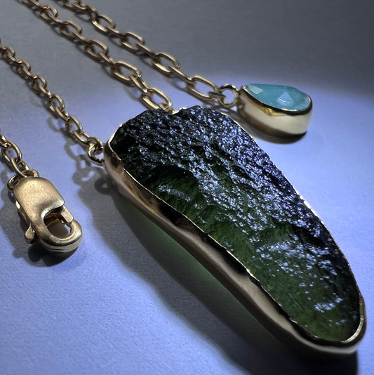 Gold Plated Bezel Moldavite Necklace, 3.94g