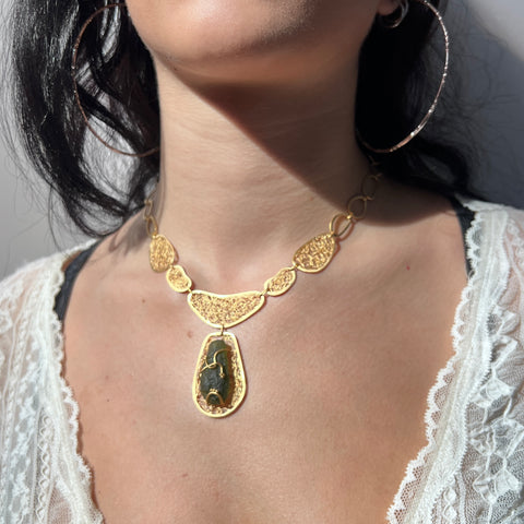 Ornate Moldavite Necklace - Gold plated Sterling silver
