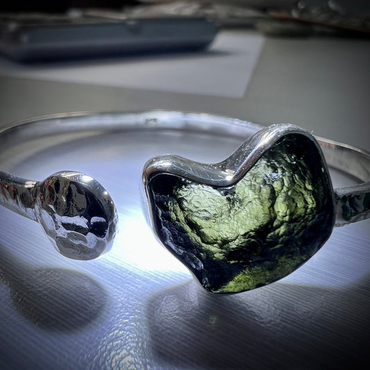 Wrought solid sterling silver Moldavite cuff bracelet