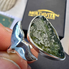 Whale Tail Motif Sterling Silver Moldavite Ring - R (8.5)