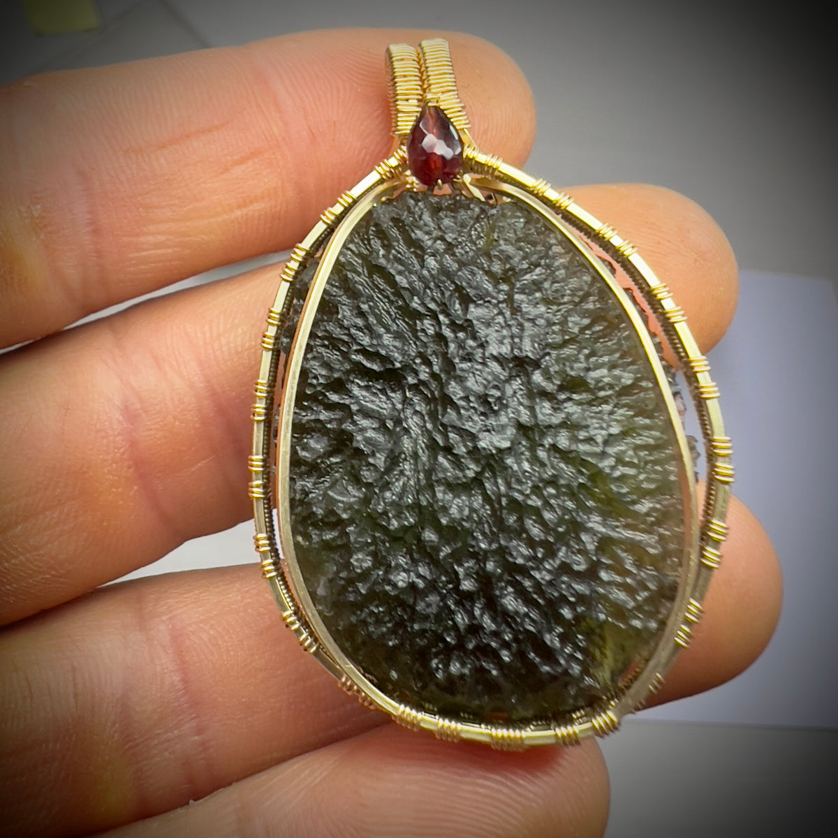 15.5g Chlum Moldavite & Faceted Garnet Bead Pendant | 14K Gold Wire Wrap Masterpiece