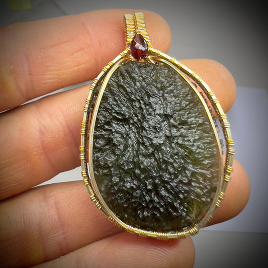 15.5g Chlum Moldavite & Faceted Garnet Bead Pendant | 14K Gold Wire Wrap Masterpiece