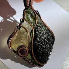 Majestic Antiqued Copper Master Wrap Pendant — Moldavite, Amethyst &amp; Libyan Desert Glass