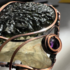 Majestic Antiqued Copper Master Wrap Pendant — Moldavite, Amethyst &amp; Libyan Desert Glass