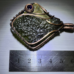 Majestic Antiqued Copper Master Wrap Pendant — Moldavite, Amethyst &amp; Libyan Desert Glass