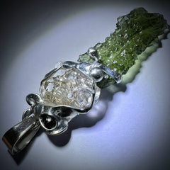 Triple Stone Harmony Pendant – Czech Garnet, Hyalite & Moldavite (Lead-Free Pewter)