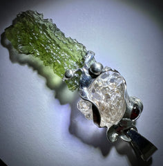 Triple Stone Harmony Pendant – Czech Garnet, Hyalite & Moldavite (Lead-Free Pewter)