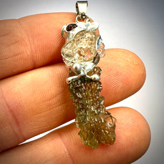 Triple Stone Harmony Pendant – Czech Garnet, Hyalite & Moldavite (Lead-Free Pewter)
