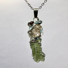 Triple Stone Harmony Pendant – Czech Garnet, Hyalite & Moldavite (Lead-Free Pewter)