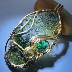 Angel Chime & Sapphire in Gold — Dual Moldavite Masterpiece