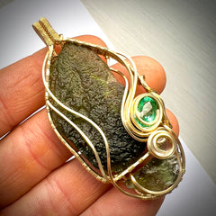 Angel Chime & Sapphire in Gold — Dual Moldavite Masterpiece