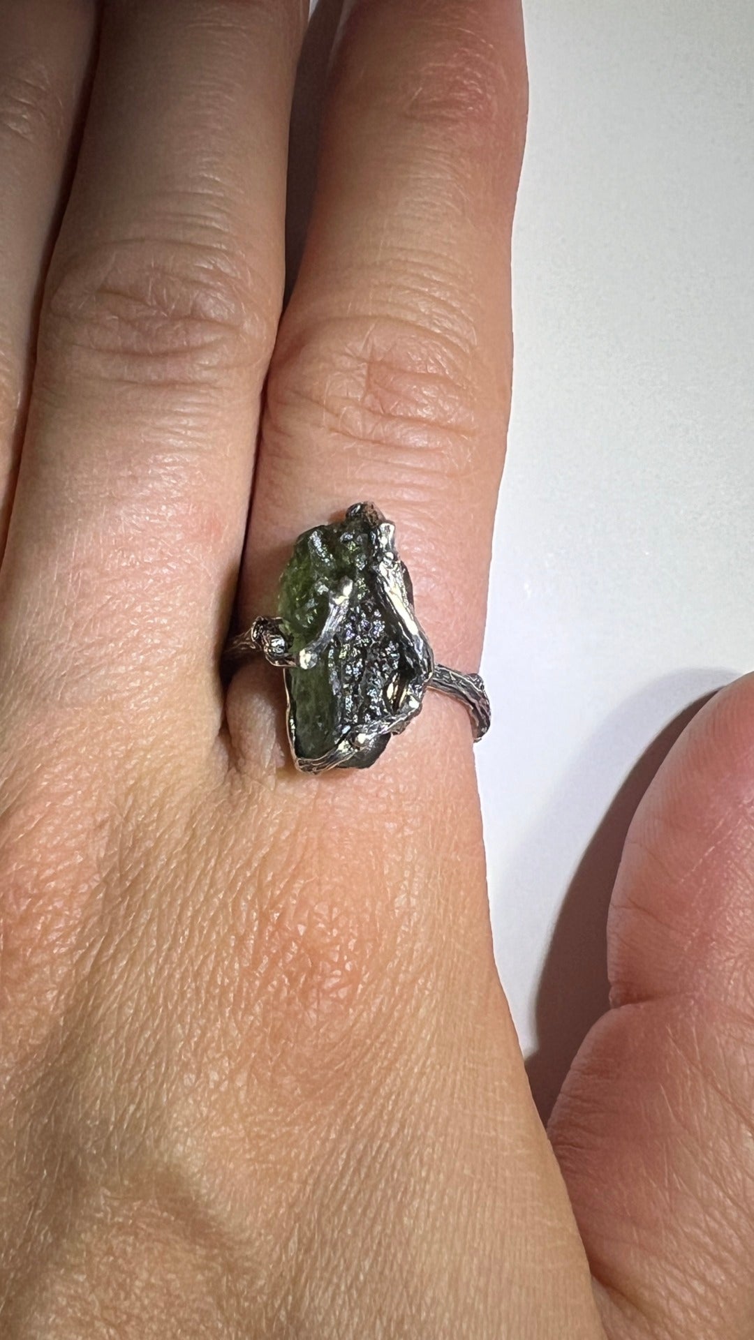 Moldavite ring, Oak branch motif. Size O (7.5)