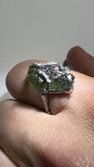 Moldavite ring, Oak branch motif. Size O (7.5)