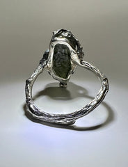 Moldavite ring, Oak branch motif. Size O (7.5)