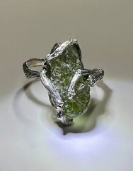 Moldavite ring, Oak branch motif. Size O (7.5)