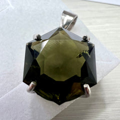 Exquisite Faceted Moldavite Pendant - Hexagon Cut