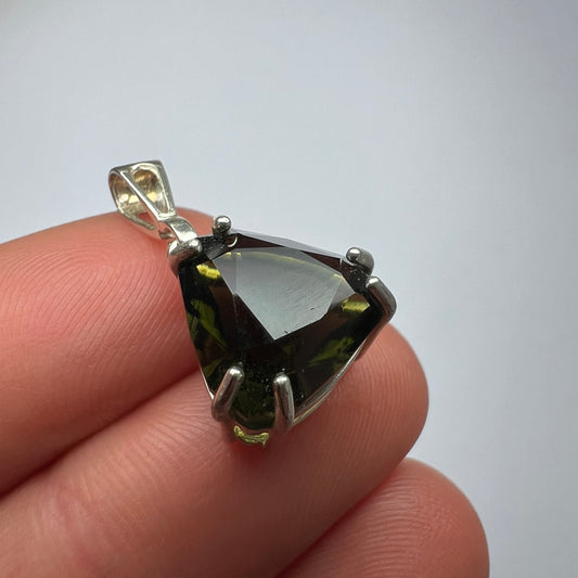 Faceted Triangle Cut Moldavite Silver Pendant, 5.96ct.